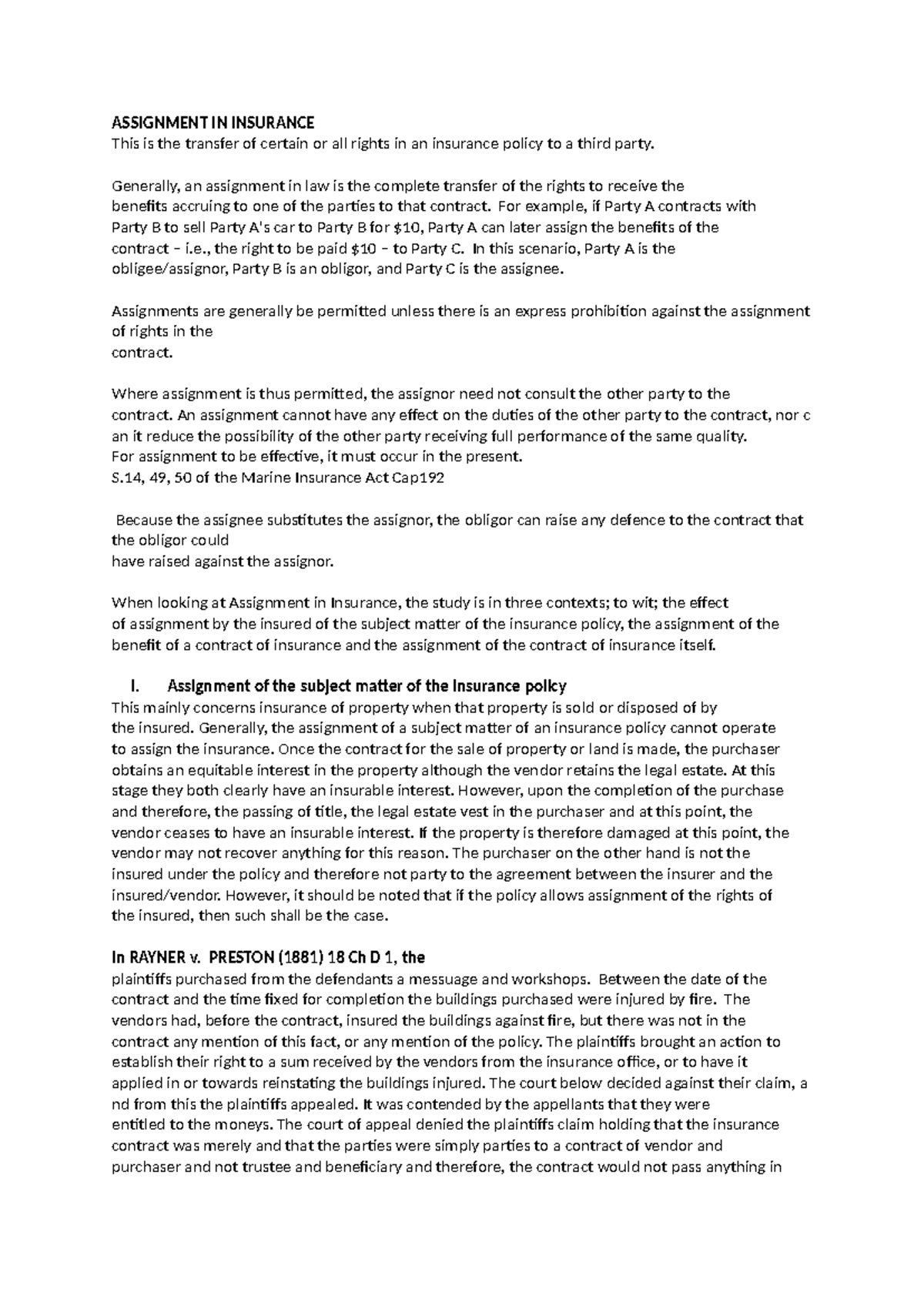ASSIGNMENT IN INSURANCE: Rights Transfer & Legal Implications - Studocu