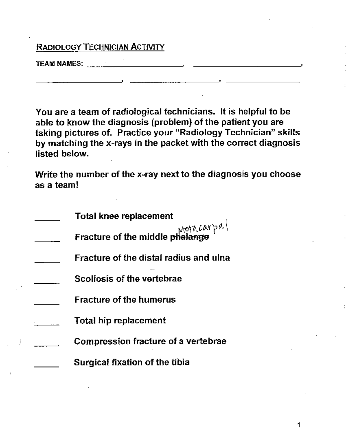 Xray Activity - RADIOLOGY TECHNICIAN ACTIVITY TEAM NAMES: , , You are a ...