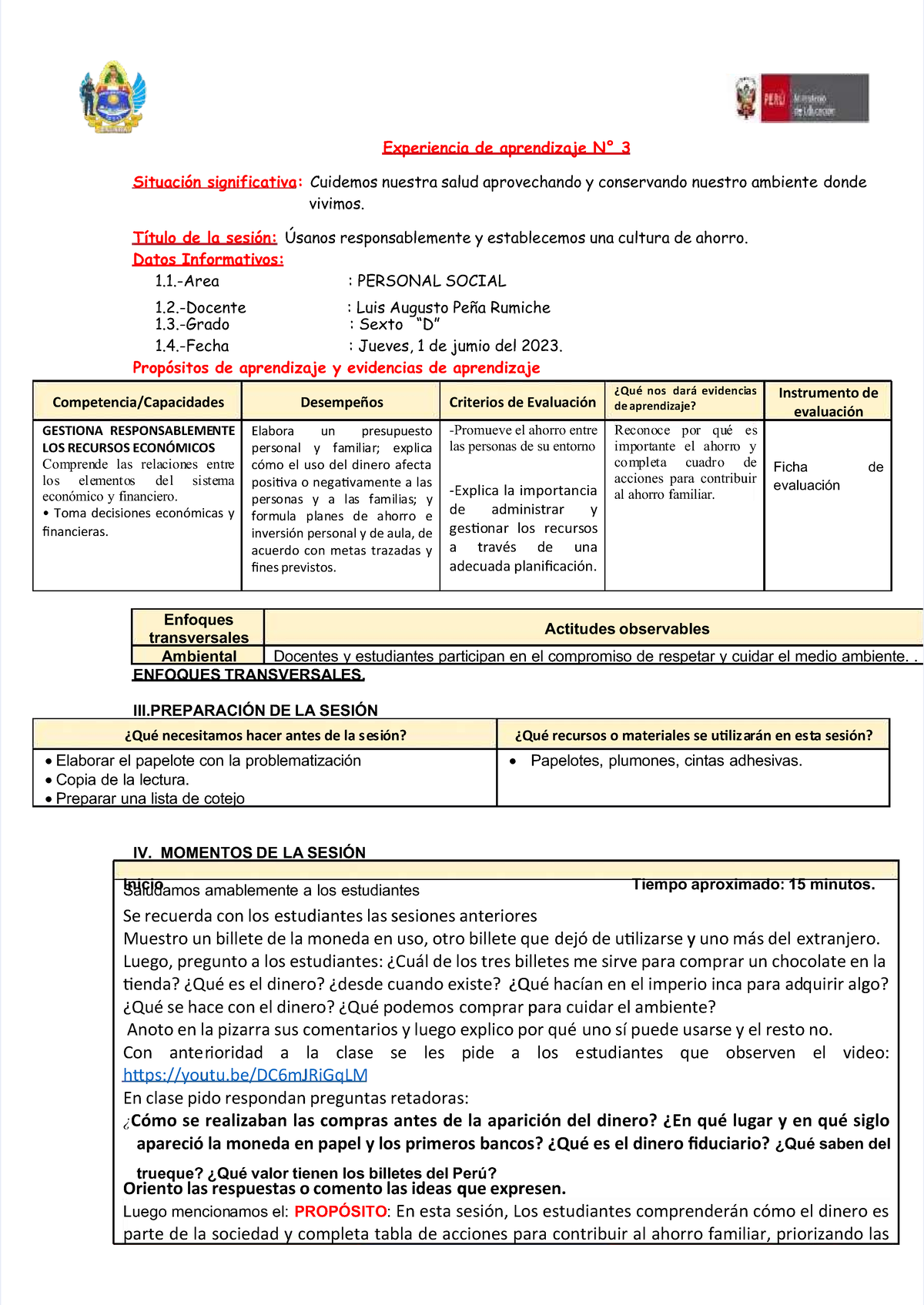 Sesión de Aprendizaje: Ahorro y Uso Responsable del Dinero en Personal ...