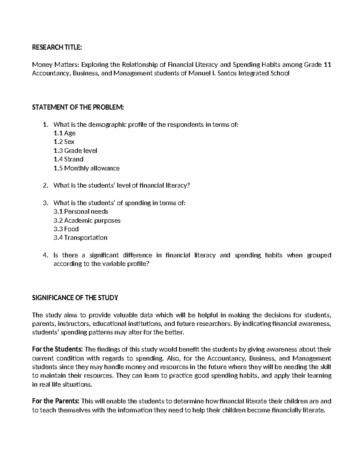 Research-problem - Research Problem Q2 - RESEARCH TITLE: Money Matters ...