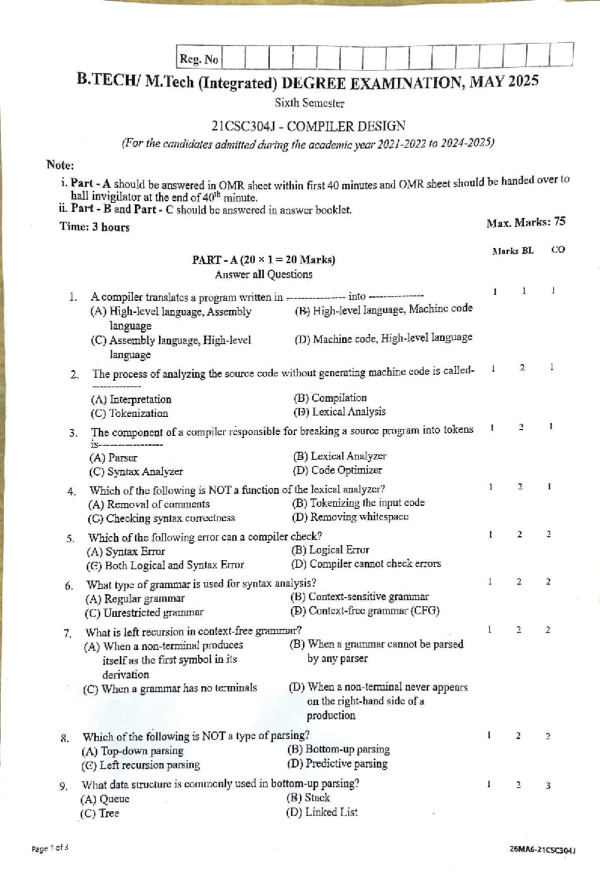 21CSC304J Compiler Design Final Exam Questions - May 2025 - Document Preview
