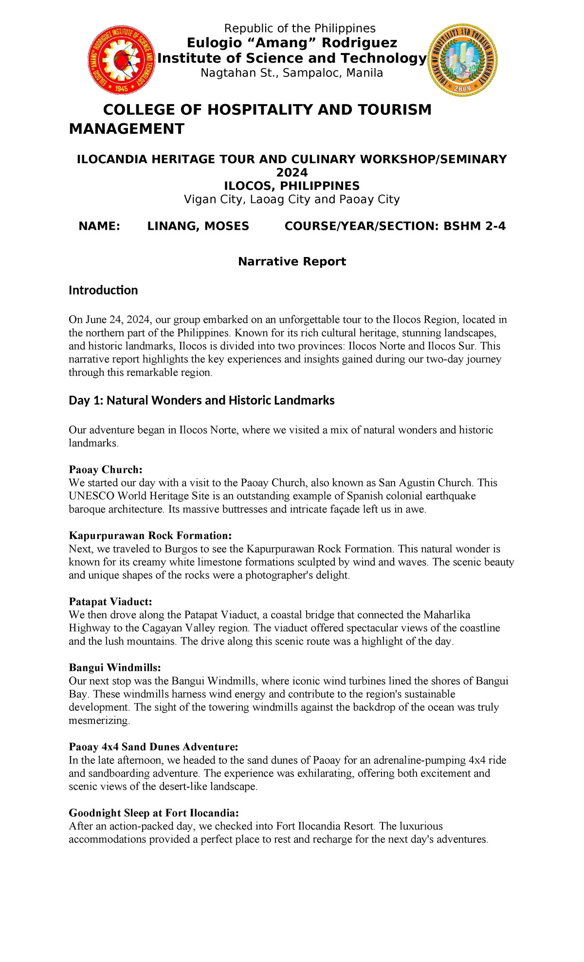 Linang Narrative Report - Republic of the Philippines Eulogio “Amang ...