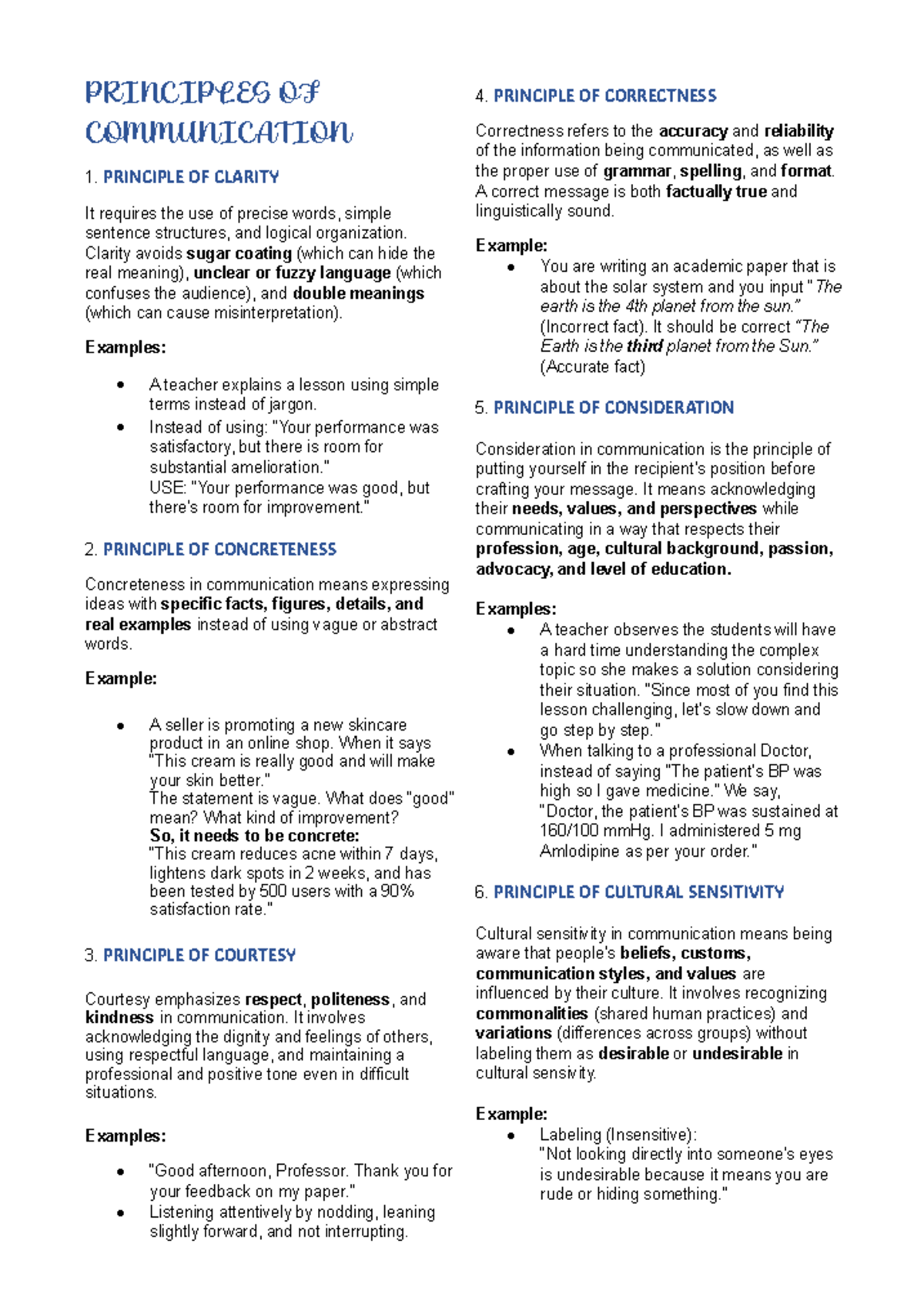Principles of Communication: Clarity, Concreteness, and More - Studocu