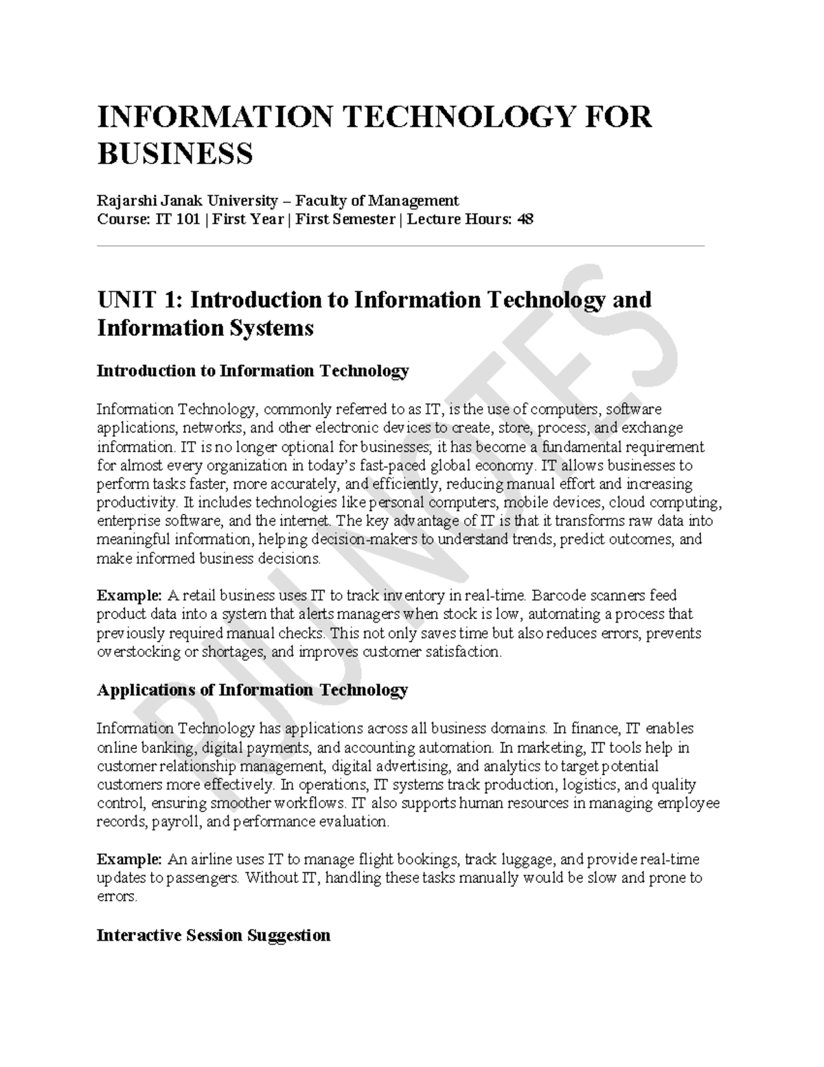 IT 101: Lecture Notes on Information Technology for Business - Studocu