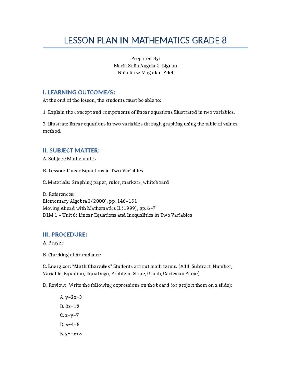 Grade 8 Mathematics Lesson Plan: Linear Equations in Two Variables ...