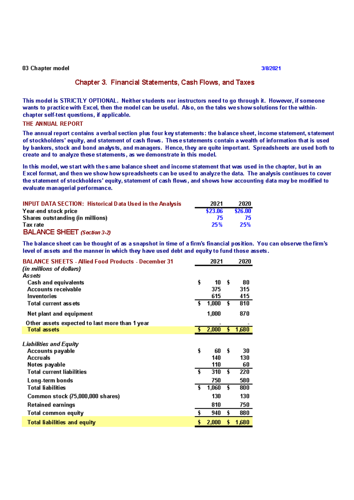 EFM5 Chapter 3 Model: Financial Statements & Cash Flows Analysis - Studocu