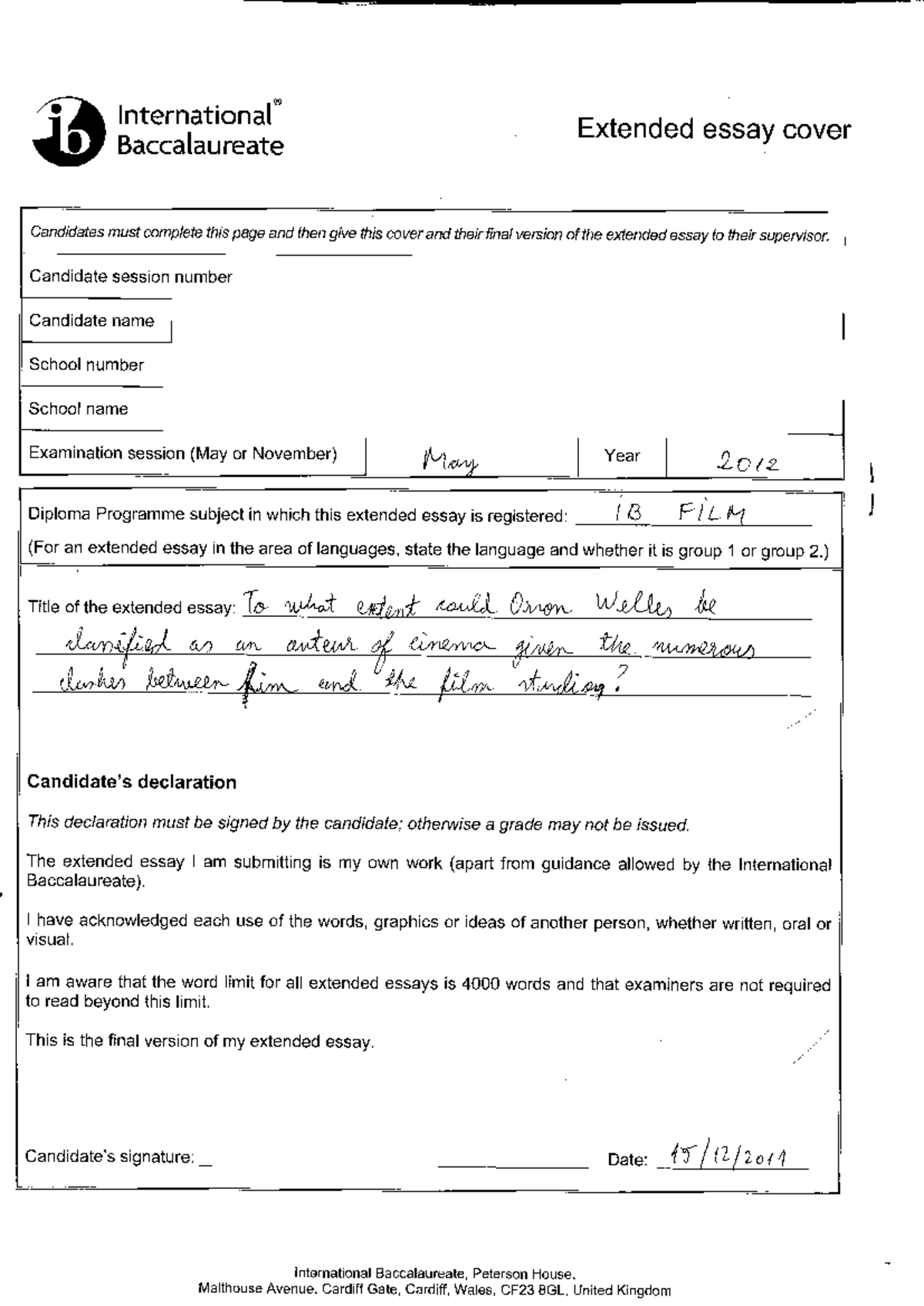 Orson Wells A - Example - R ib International Extended essay cover ...