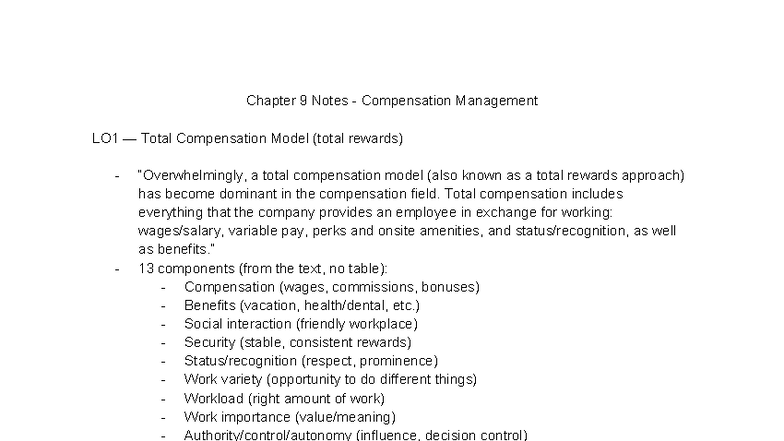 Chapter 9 Notes - Compensation Management (LO1-LO5) Total Rewards Model ...