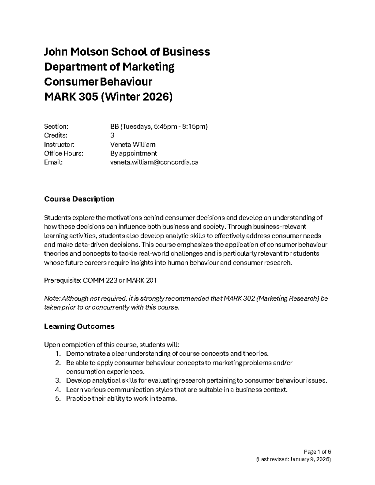 MARK 305 - Consumer Behaviour Course Outline (Winter 2026) - Studocu