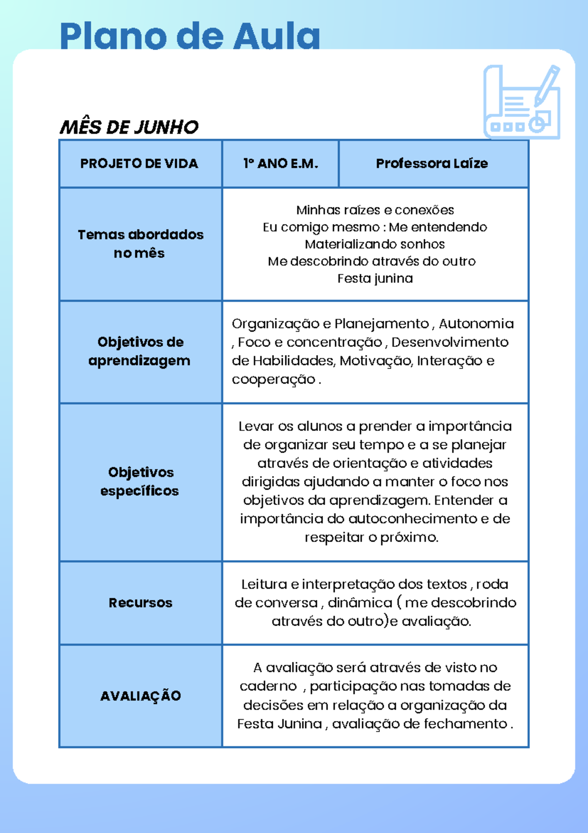 Plano de Aula - Projeto de Vida 1º Ano E.M. - Junho - Studocu