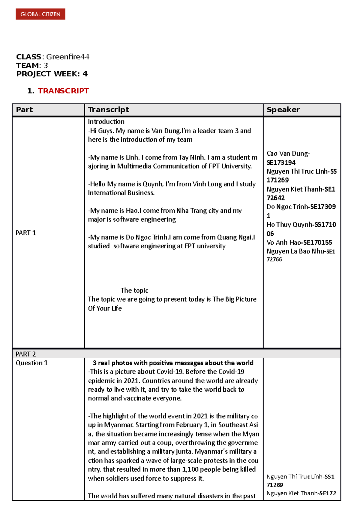 Transcript of Team 3's Presentation on Life's Big Picture - Studocu