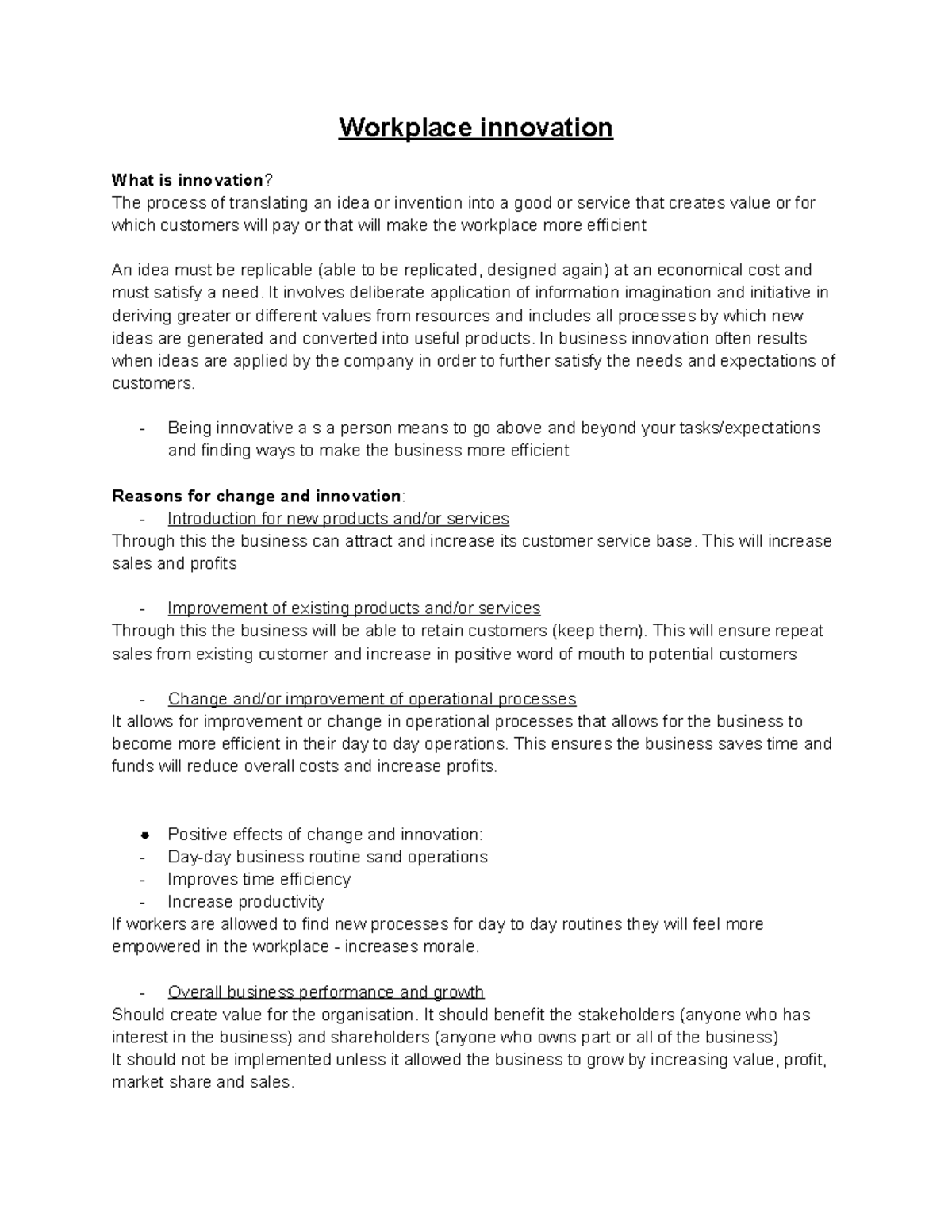 Innovation notes - Workplace innovation What is innovation? The process ...