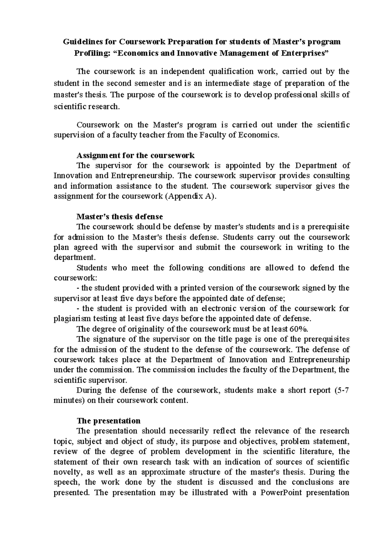 Coursework Guidelines for Master Students in Economics and Innovative ...