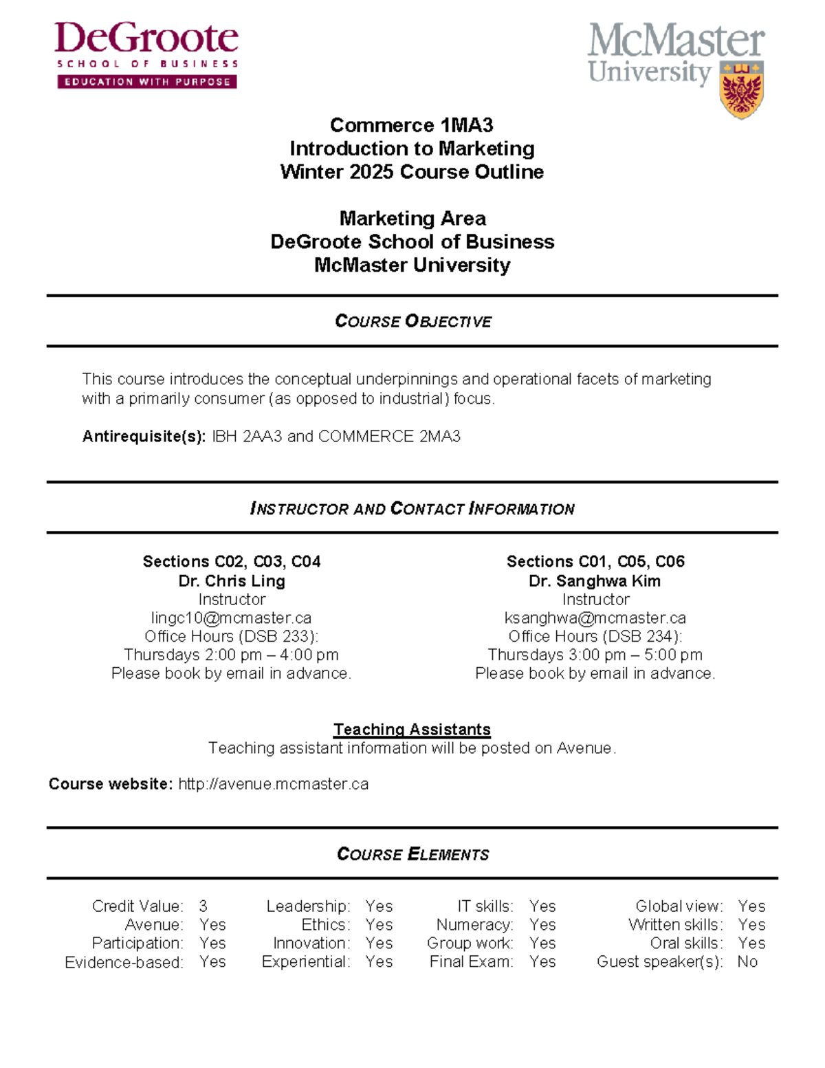 Commerce 1MA3 Winter 2025: Introduction to Marketing Course Outline ...