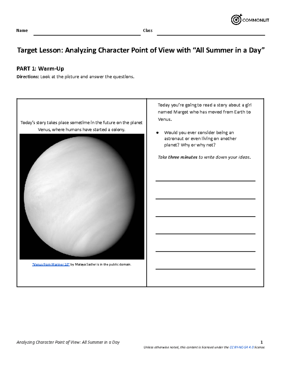 All Summer in a Day Target Lesson Student COPY 1 - Name Class Target ...