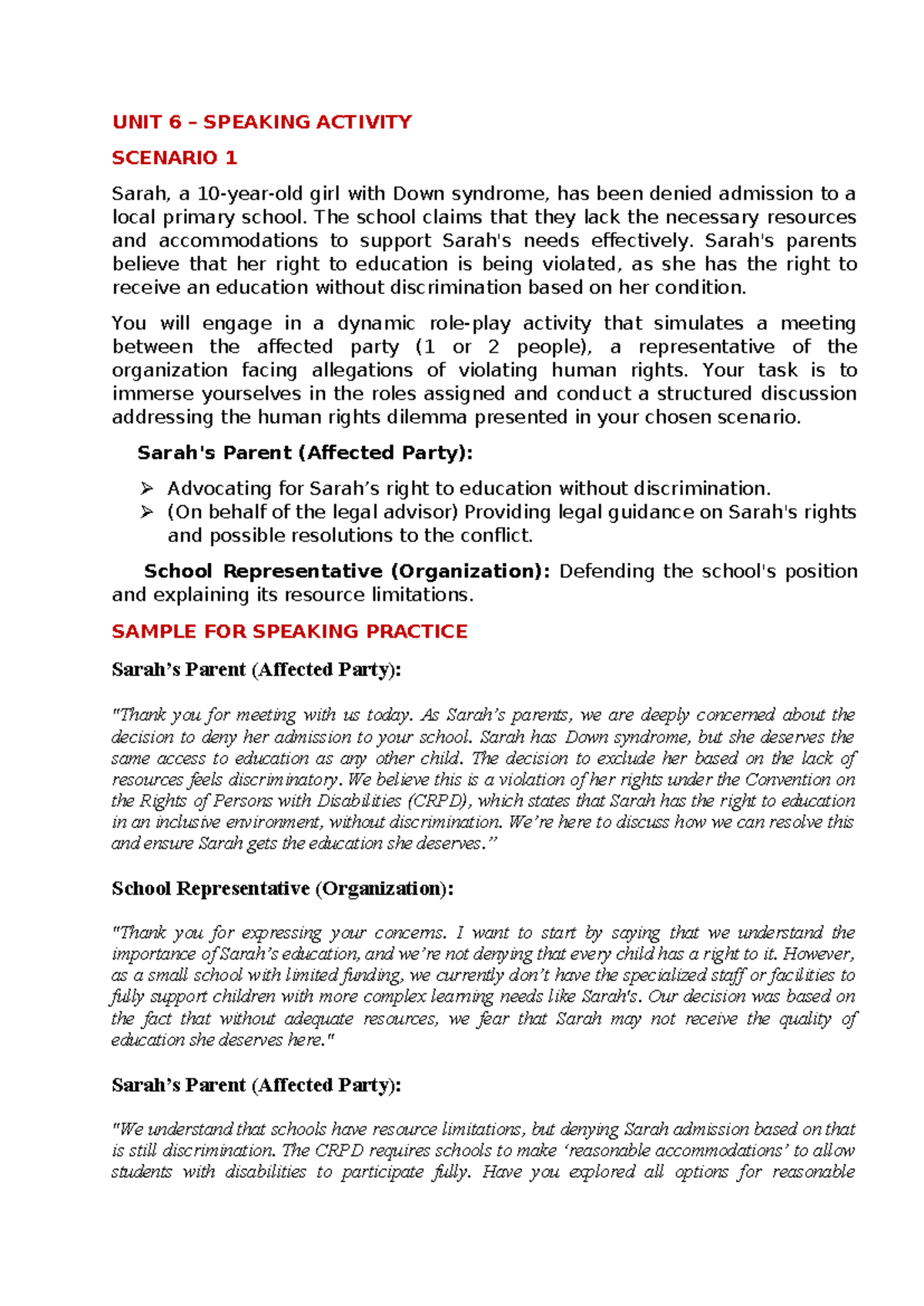UNIT 6 - Sample FOR Speaking Practice - Scenario 1 - UNIT 6 – SPEAKING ...