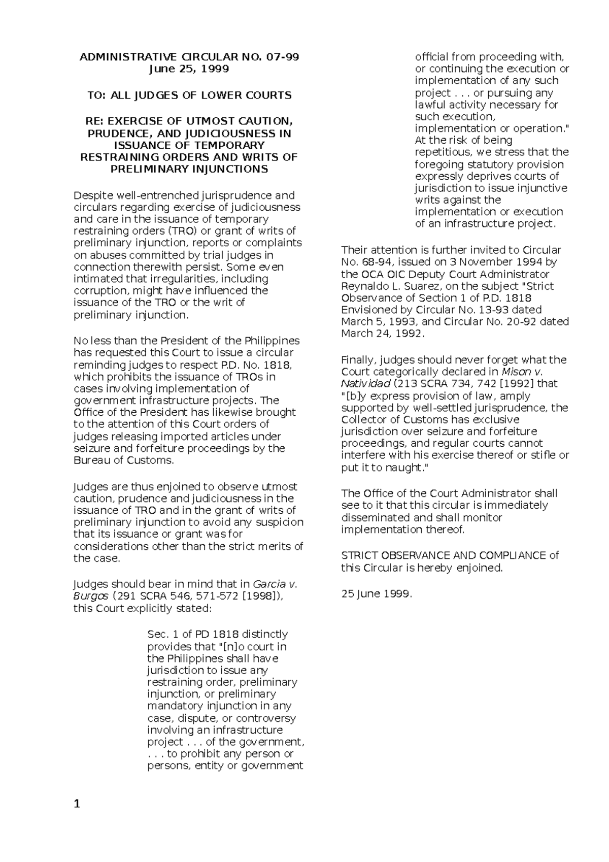 Guidelines for Judges on Issuance of TROs and Injunctions - Admin Cir ...