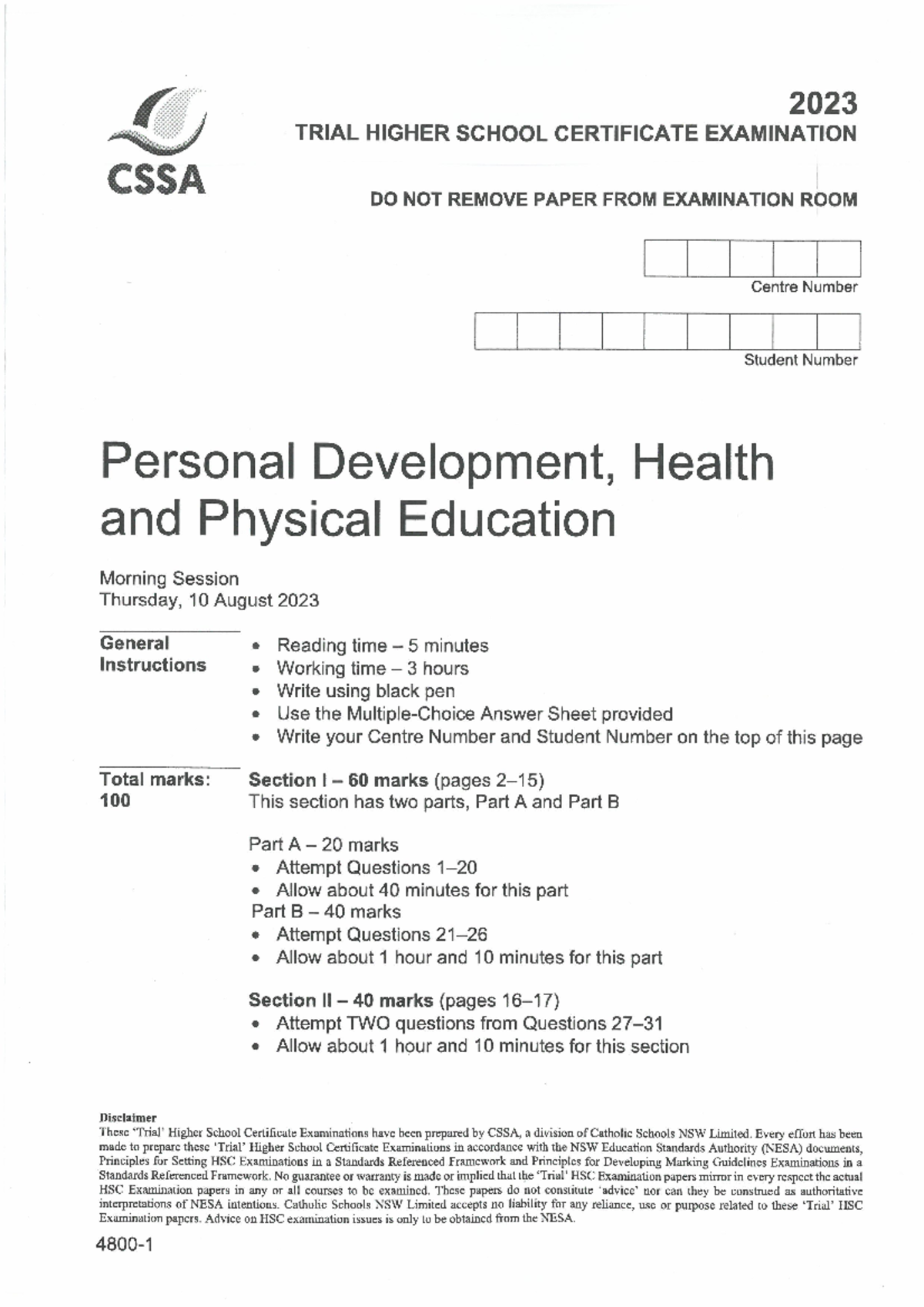 CSSA PDHPE 2023 Trial HSC Examination Paper - Studocu