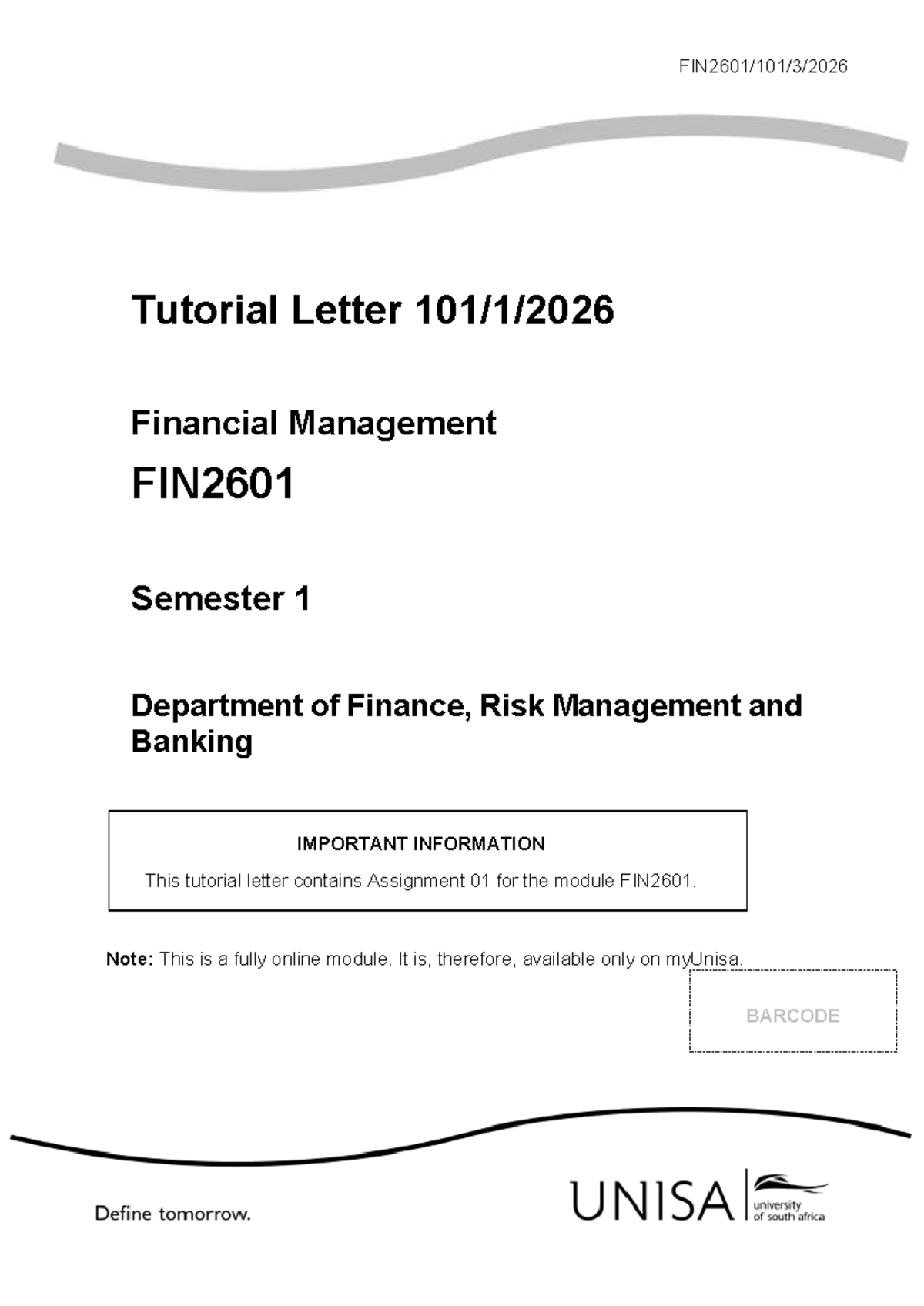 FIN2601 2026 Tutorial Letter: Assignment 01 Details and Guidelines ...