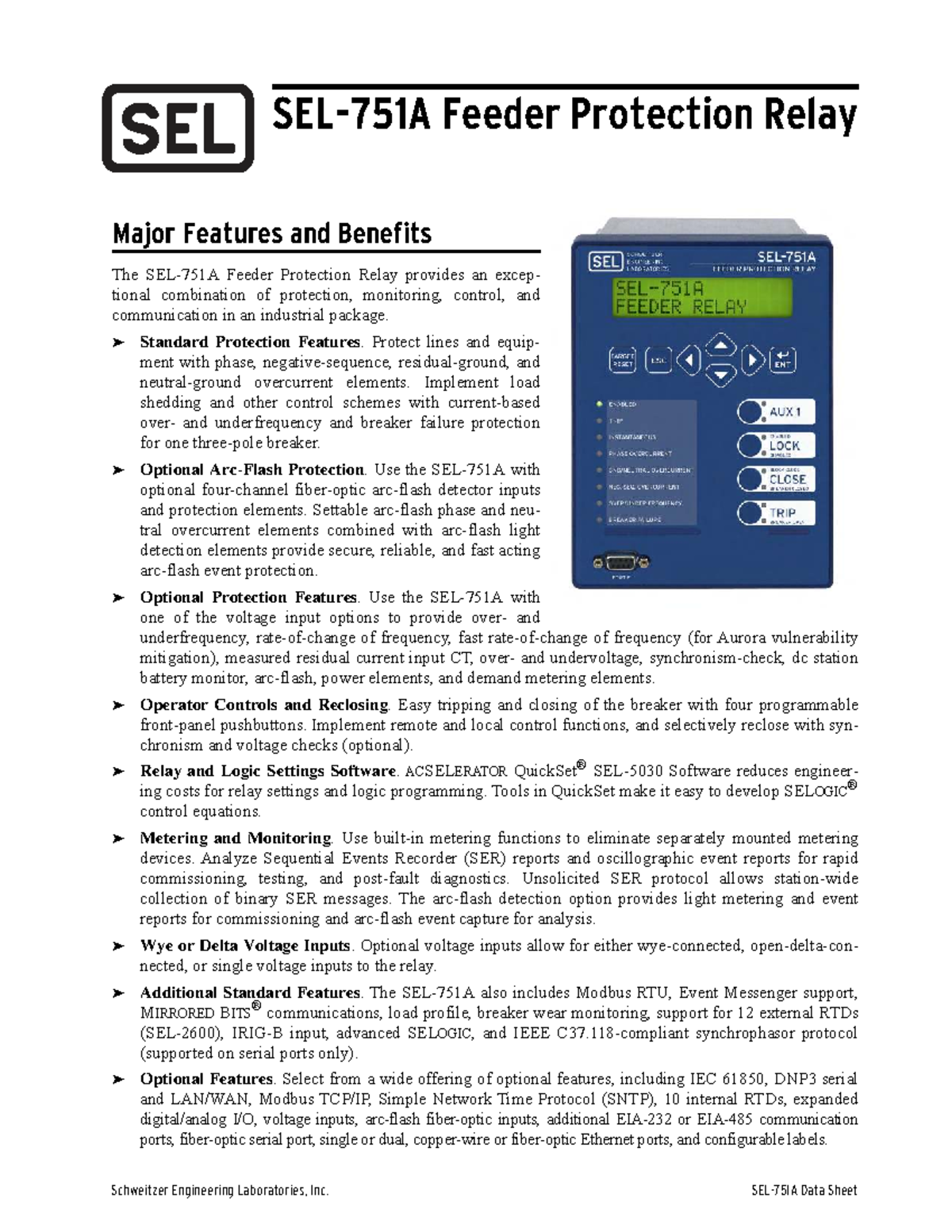 SEL 751A Feeder Protection Relay: Features & Benefits Data Sheet - Studocu