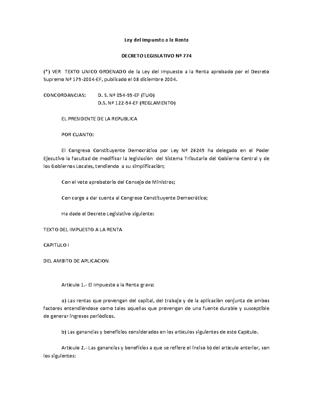 Ley del Impuesto a la Renta - Decreto Legislativo 774 - Studocu