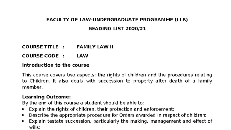 Family Law II (LLB) Reading List and Course Overview - Studocu