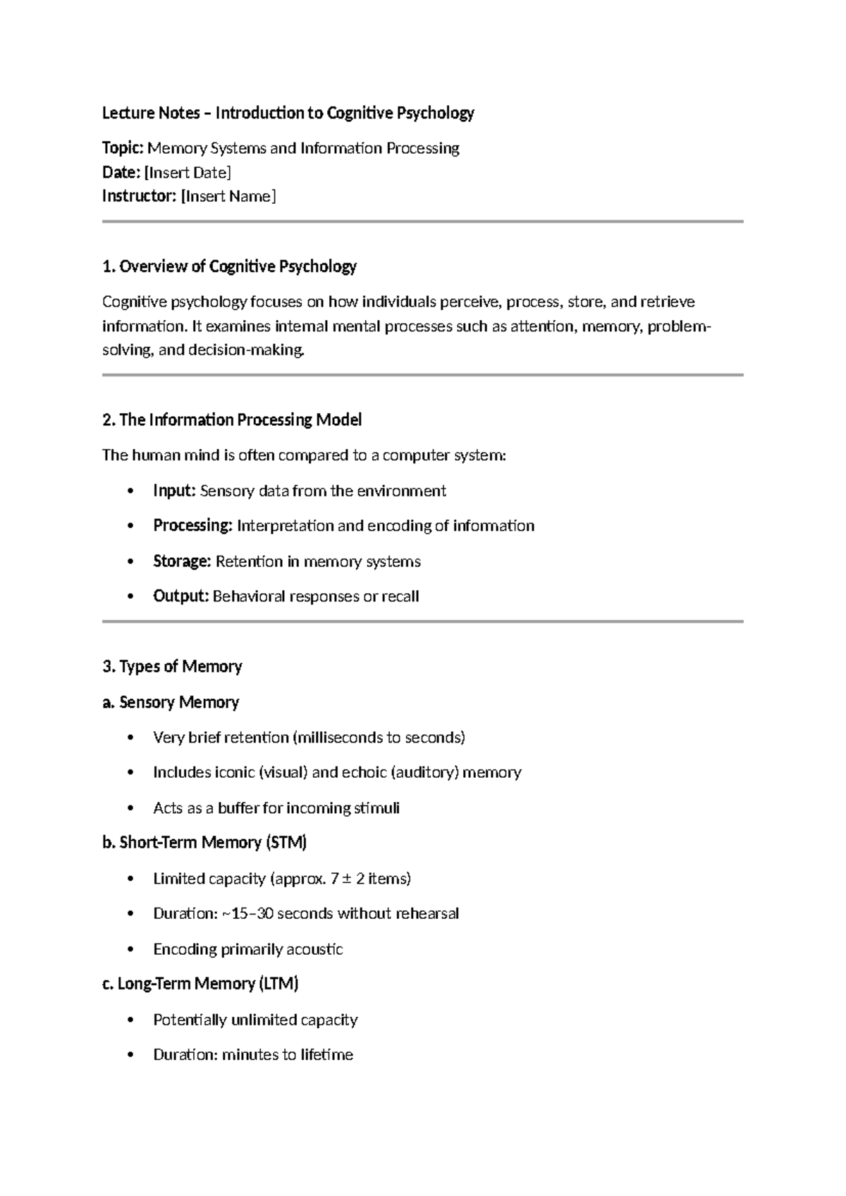 Lecture Notes - Introduction to Cognitive Psychology: Memory Systems ...