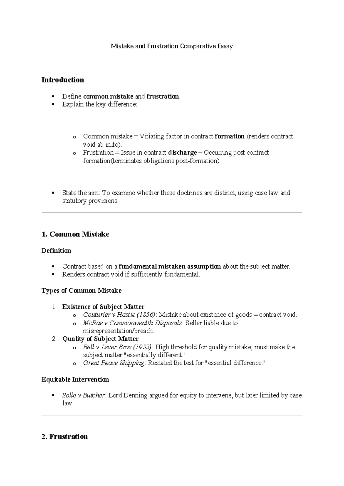 Comparative Essay on Mistake and Frustration in Contract Law - Studocu