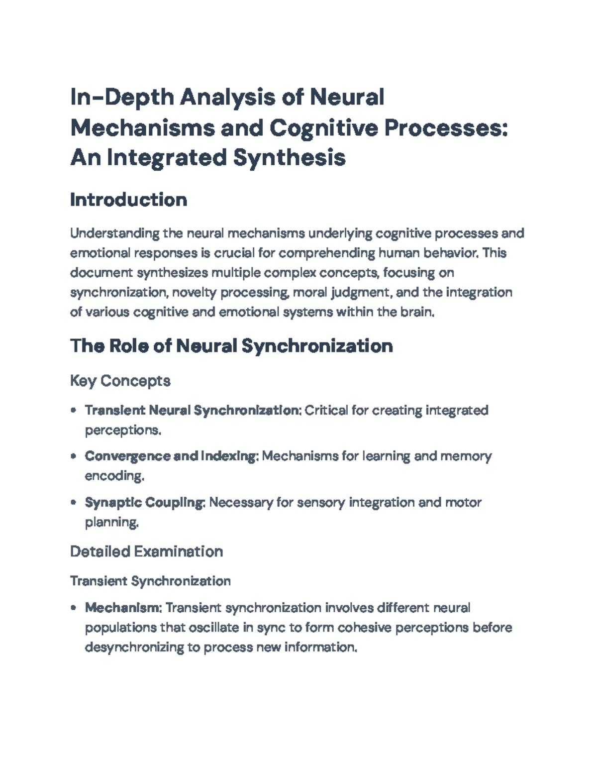 Neural Mechanisms in Cognitive Processes: An Integrated Synthesis - In ...