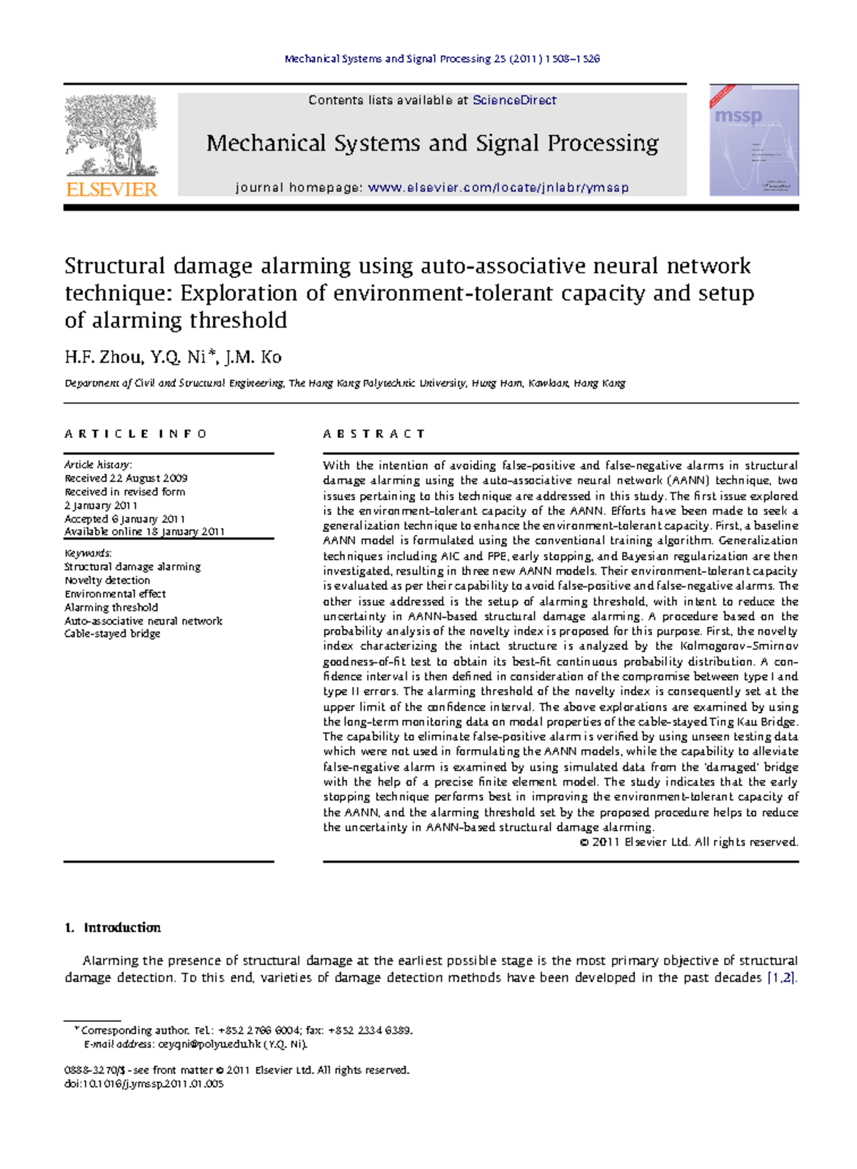 Structural damage alarming using auto-associative neural network ...