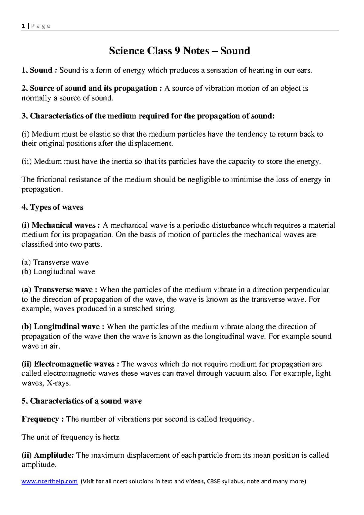 Science Class 9 Final Notes on Sound: Key Concepts and Characteristics ...