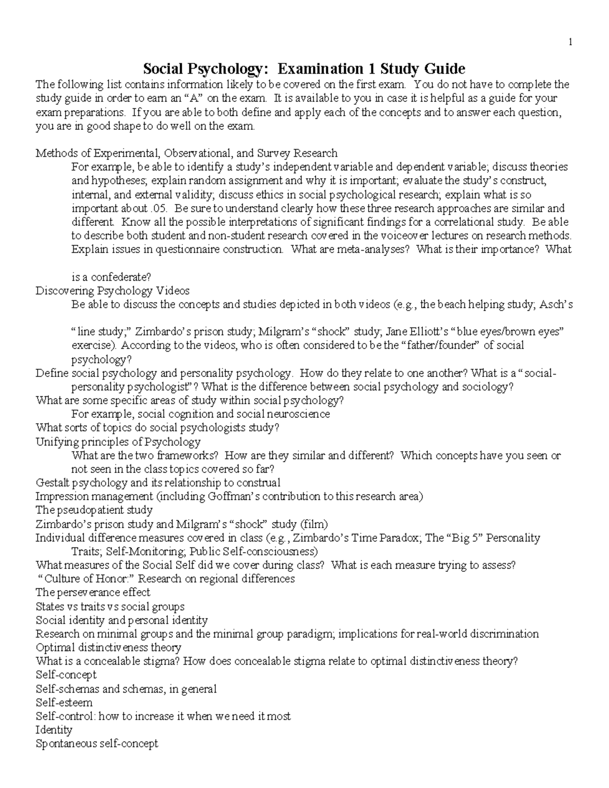 Social Psychology Examination 1 Study Guide: Key Concepts & Theories ...