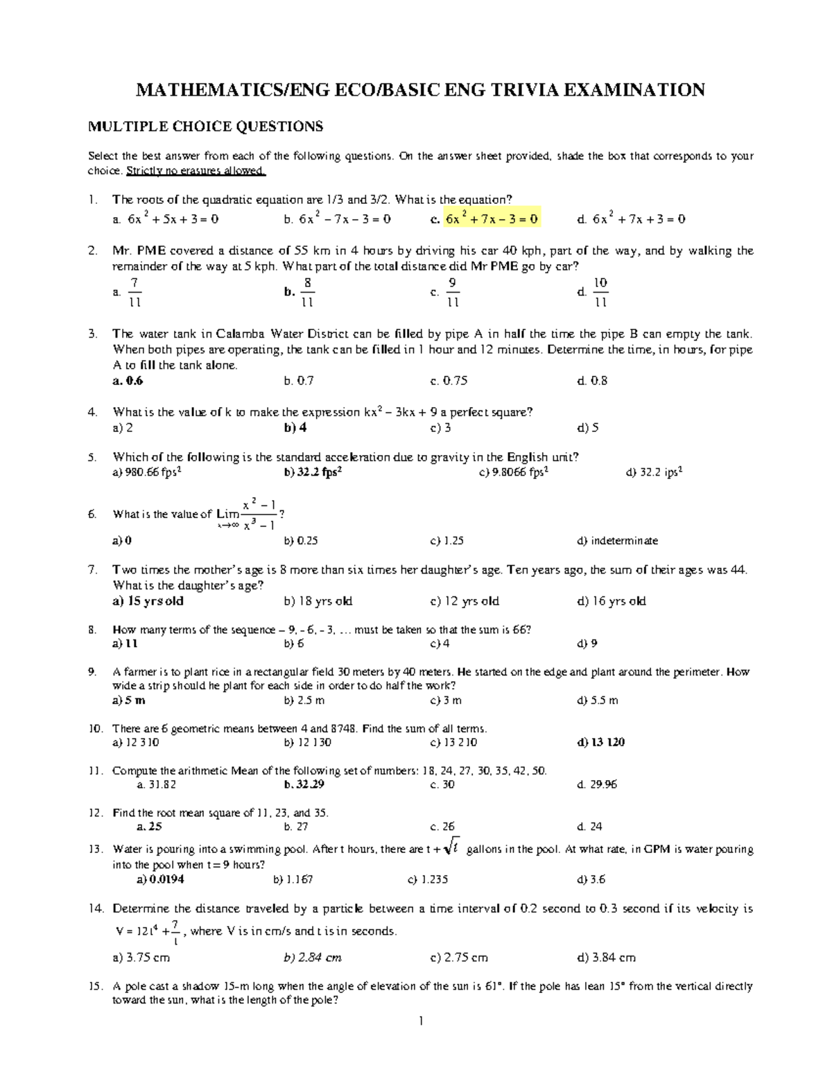 Mathematics Trivia Exam Review MATH 3 - Multiple Choice Questions - Studocu