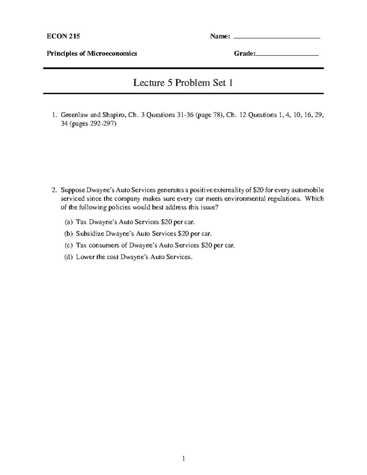 ECON 215 Lecture 5 Problem Set 1 - Microeconomics Practice - Studocu