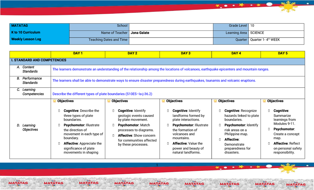 MATATAG K to 10 Curriculum Weekly Lesson Log: Grade 10 Science - Studocu