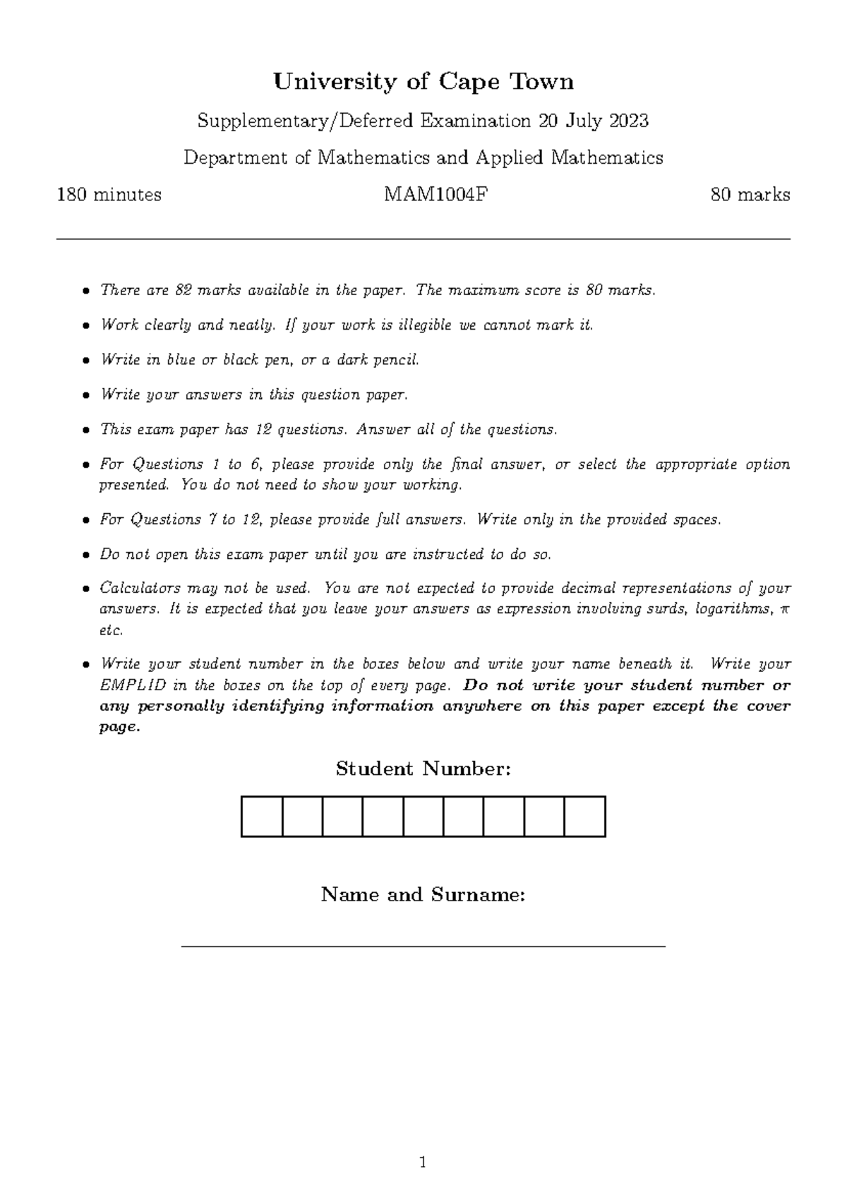 MAM1004F Final Exam Practice Questions - UCT Mathematics 2023 - Studocu