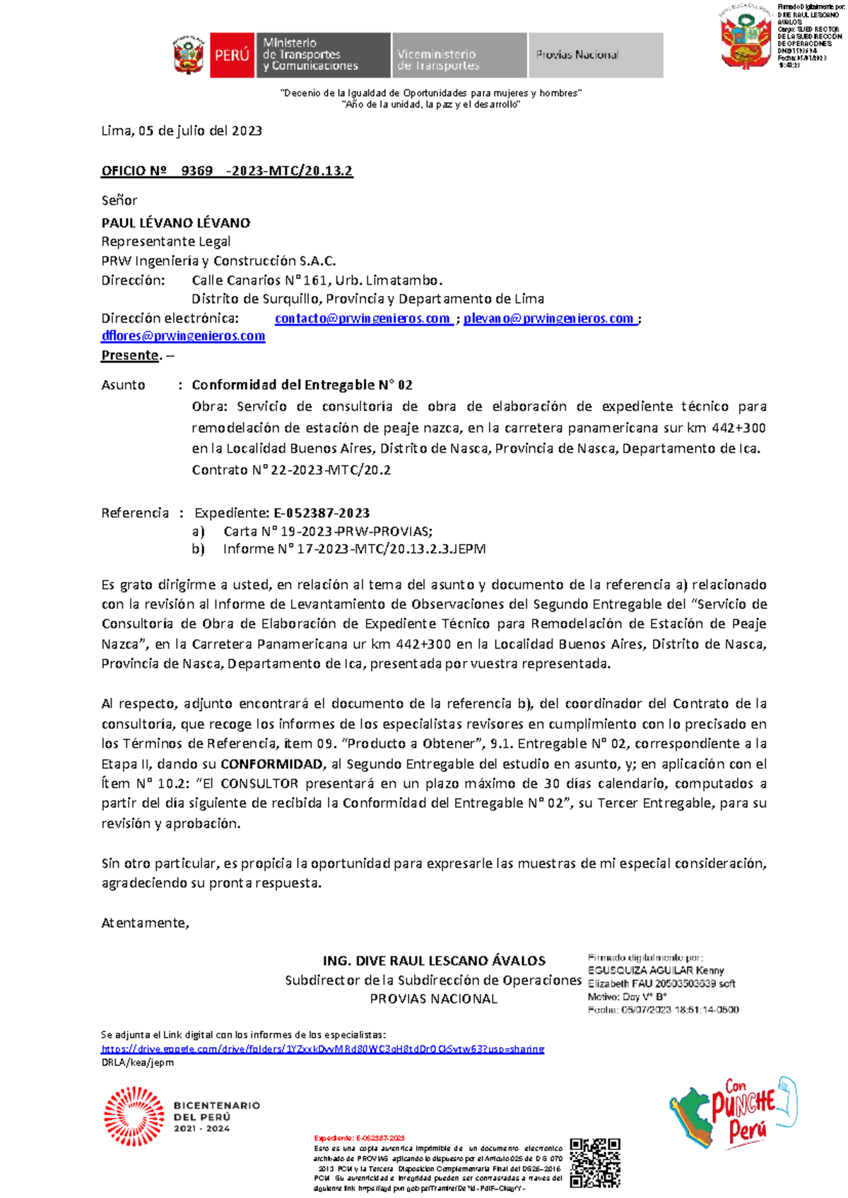 Informe N°02 - Conformidad del Entregable 02 para Consultoría de Obra - Document Preview
