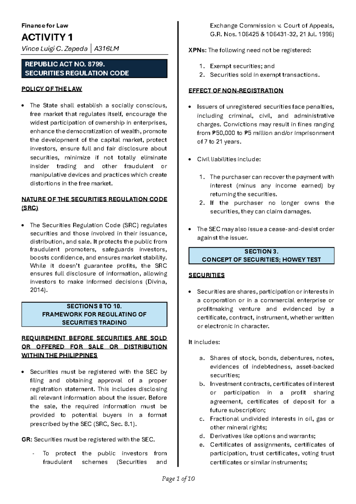 Zepeda - Activity 1: Finance Law Overview and Securities Regulation ...