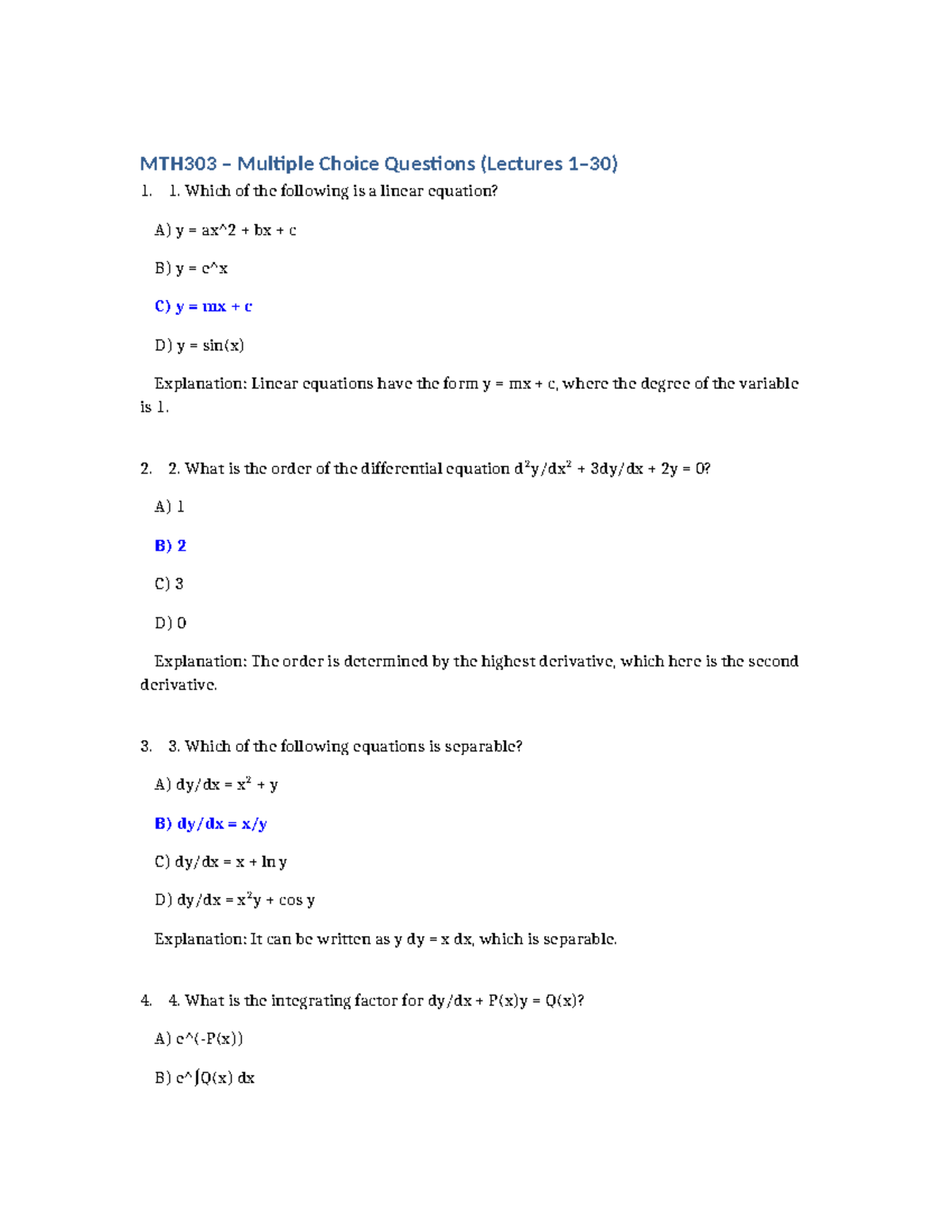 MTH303 Midterm Exam MCQs: Differential Equations (Questions 1-50) - Studocu