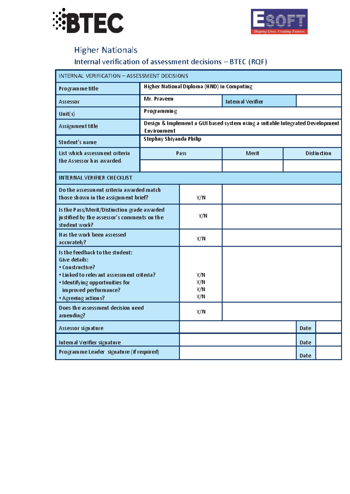 Internal Verification of Assessment Decisions for HND in Computing ...
