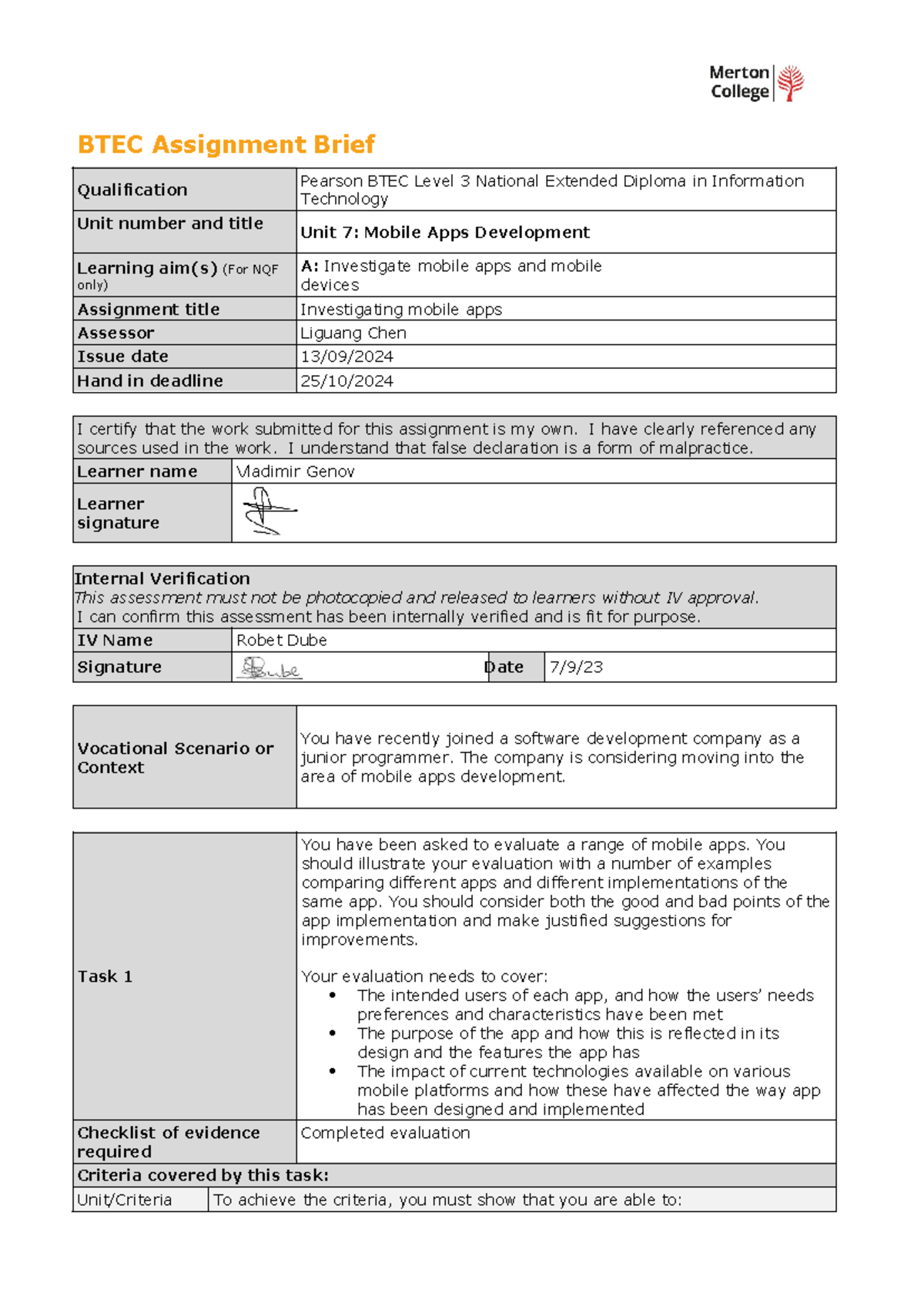 BTEC Level 3 IT Unit 7: Evaluation of Mobile App Implementations - Studocu