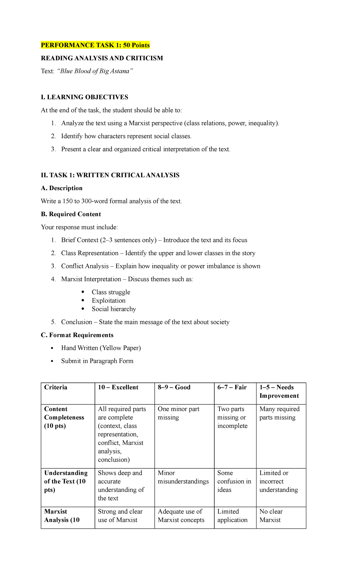 PERFORMANCE TASK 1: READING ANALYSIS OF 