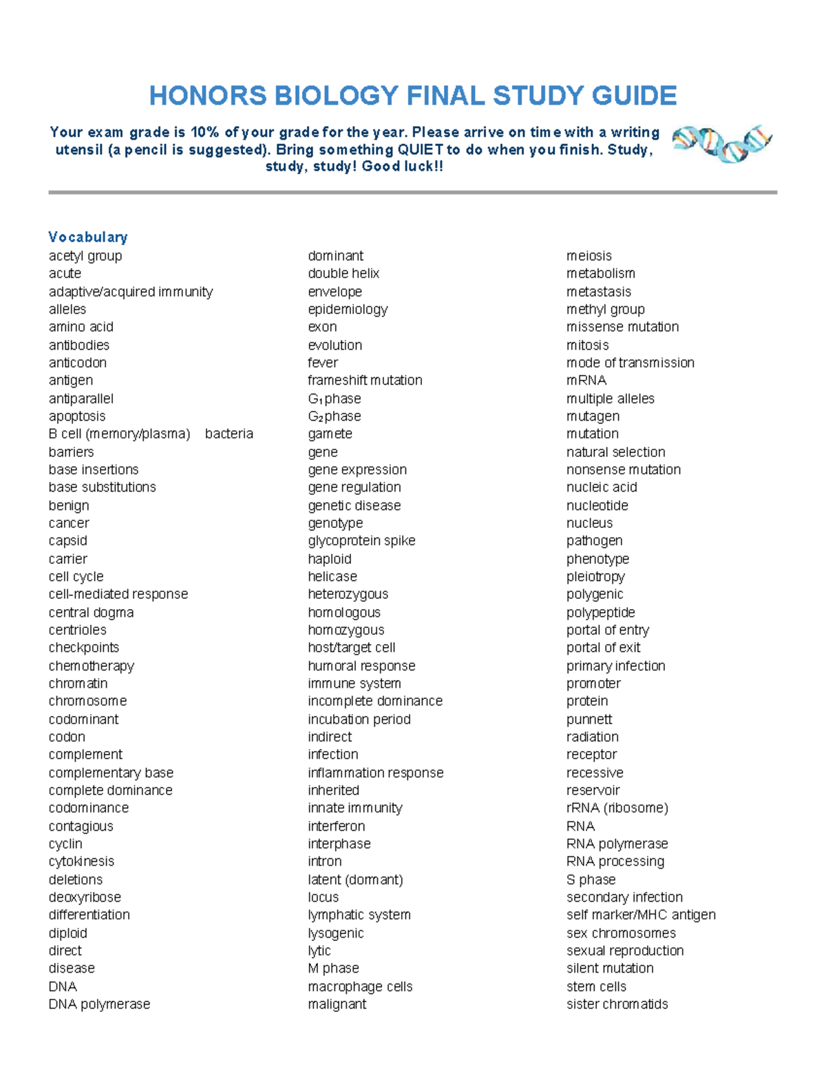 HONORS BIOLOGY FINAL EXAM STUDY GUIDE: Key Concepts & Review - Studocu