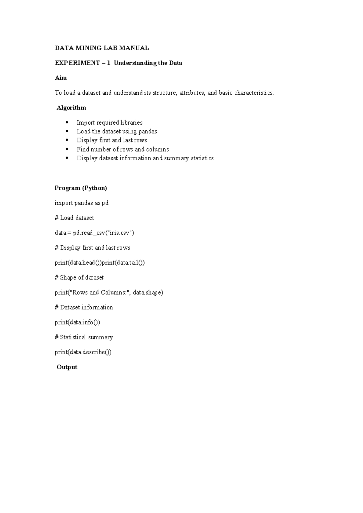 DATA MINING LAB MANUAL (DATA 101) - EXPERIMENTS & TECHNIQUES - Studocu
