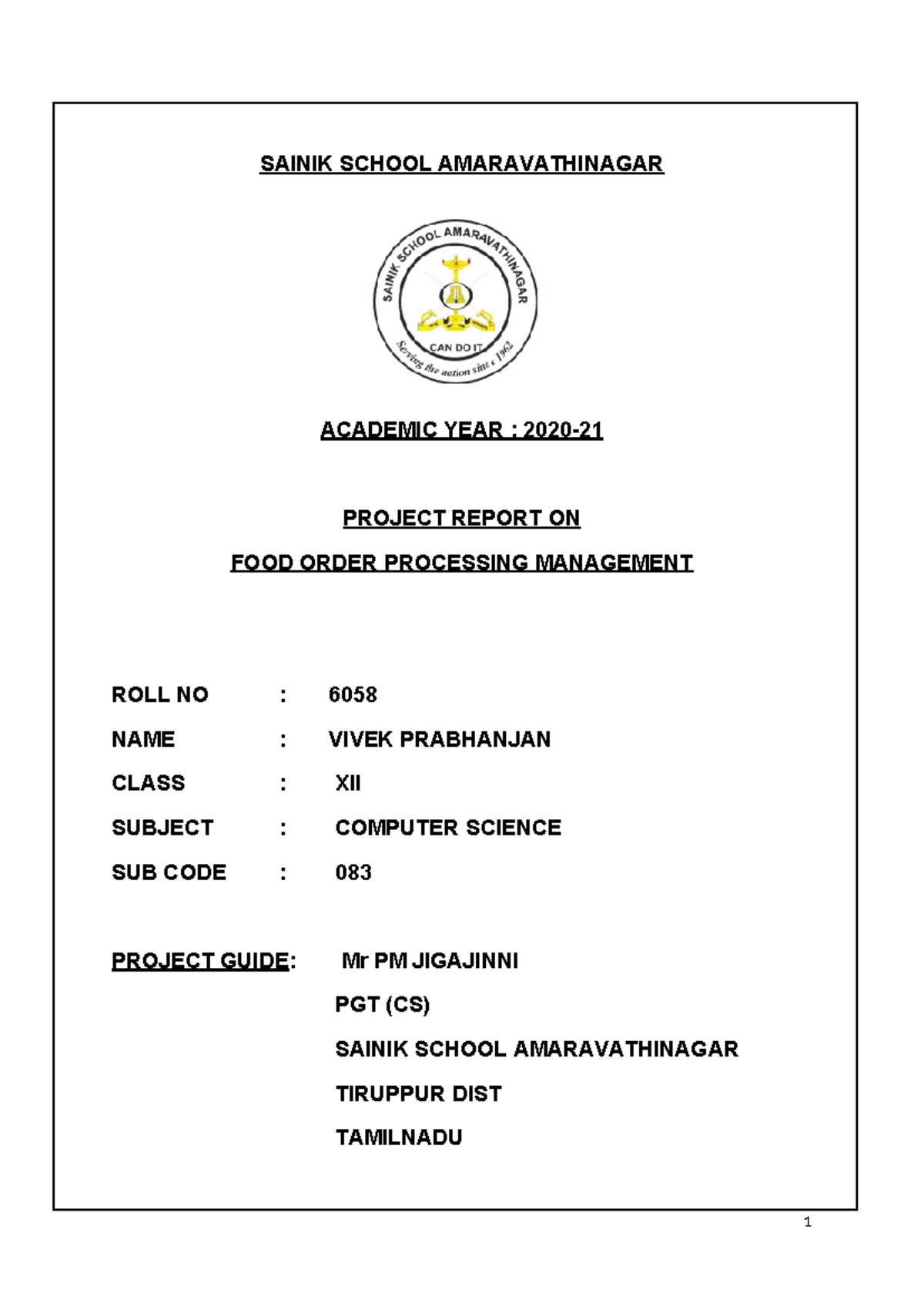 Project Report on Food Order Processing Management (CS 083) - Studocu