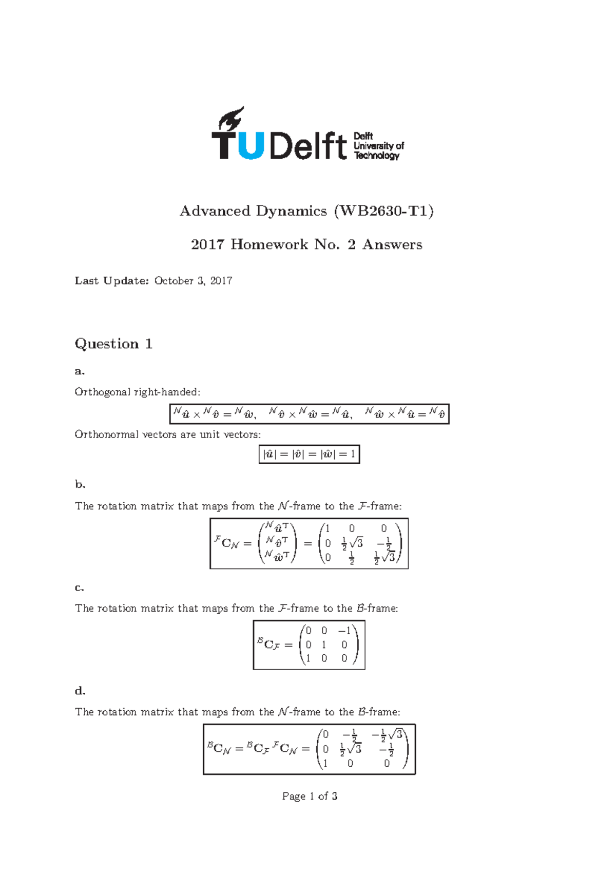 Homework 2 ANS - Antwoorden huiswerk week 2 - Advanced Dynamics (WB2630 ...