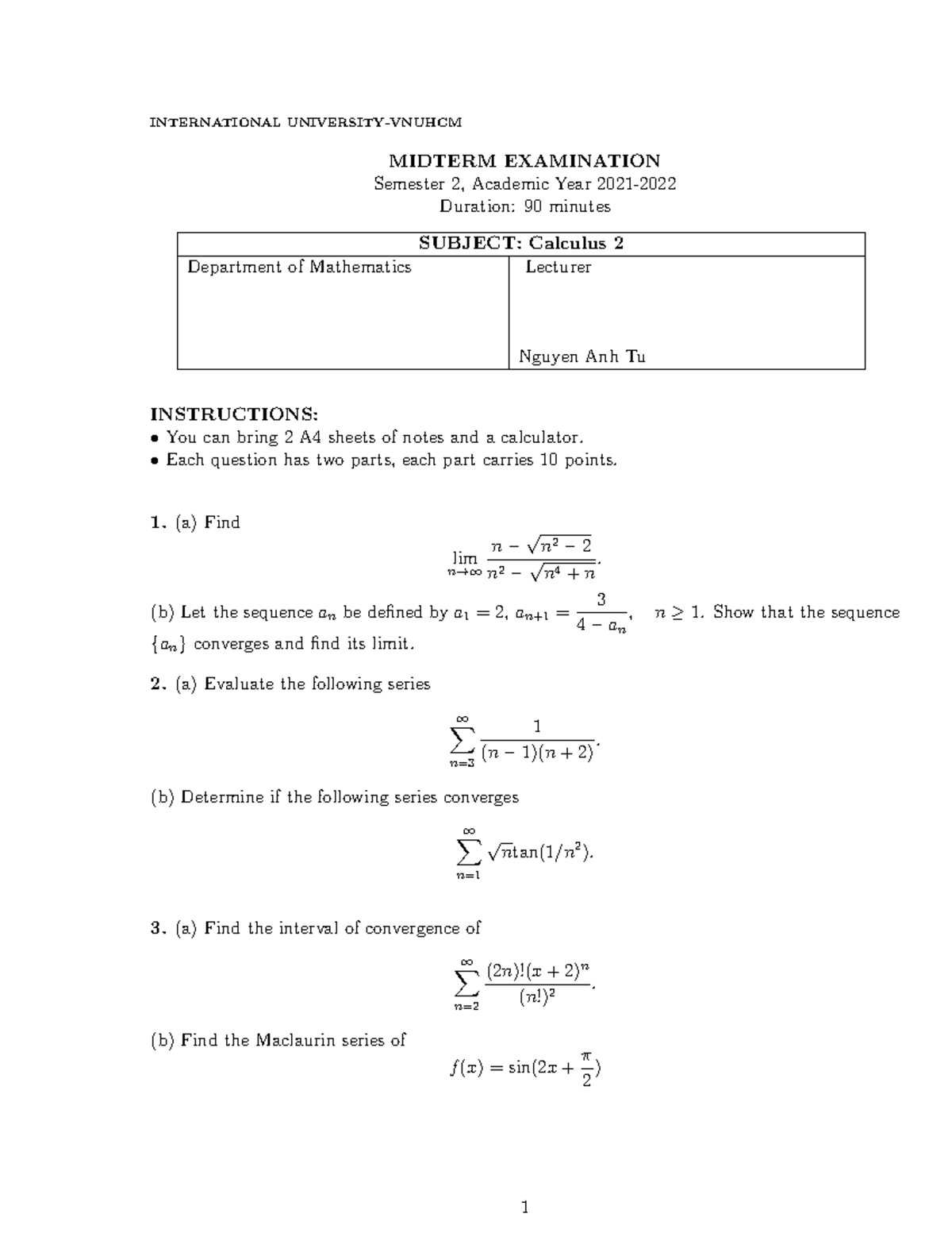 Cal2 2122 Sem2 Midterm Exam Review Notes and Questions - Studocu