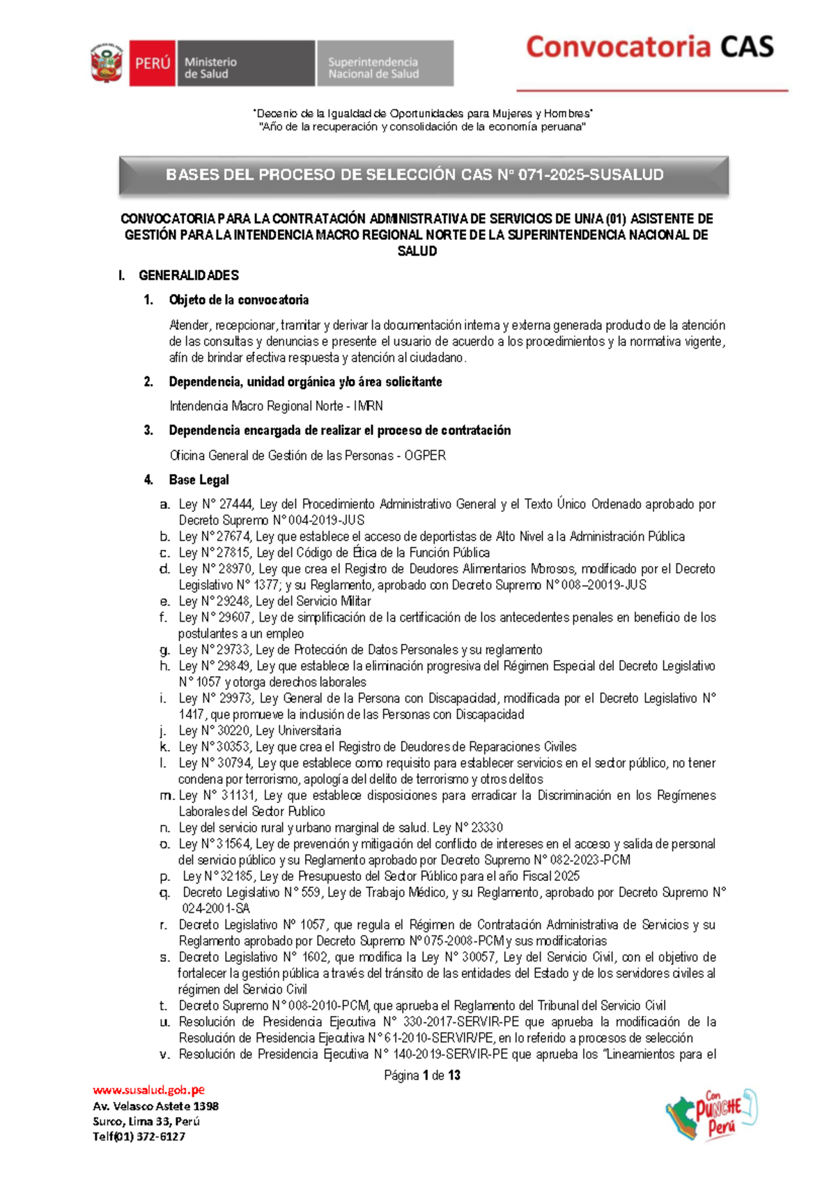 Bases del Proceso de Selección CAS 071 - Asistente de Gestión IMRN ...
