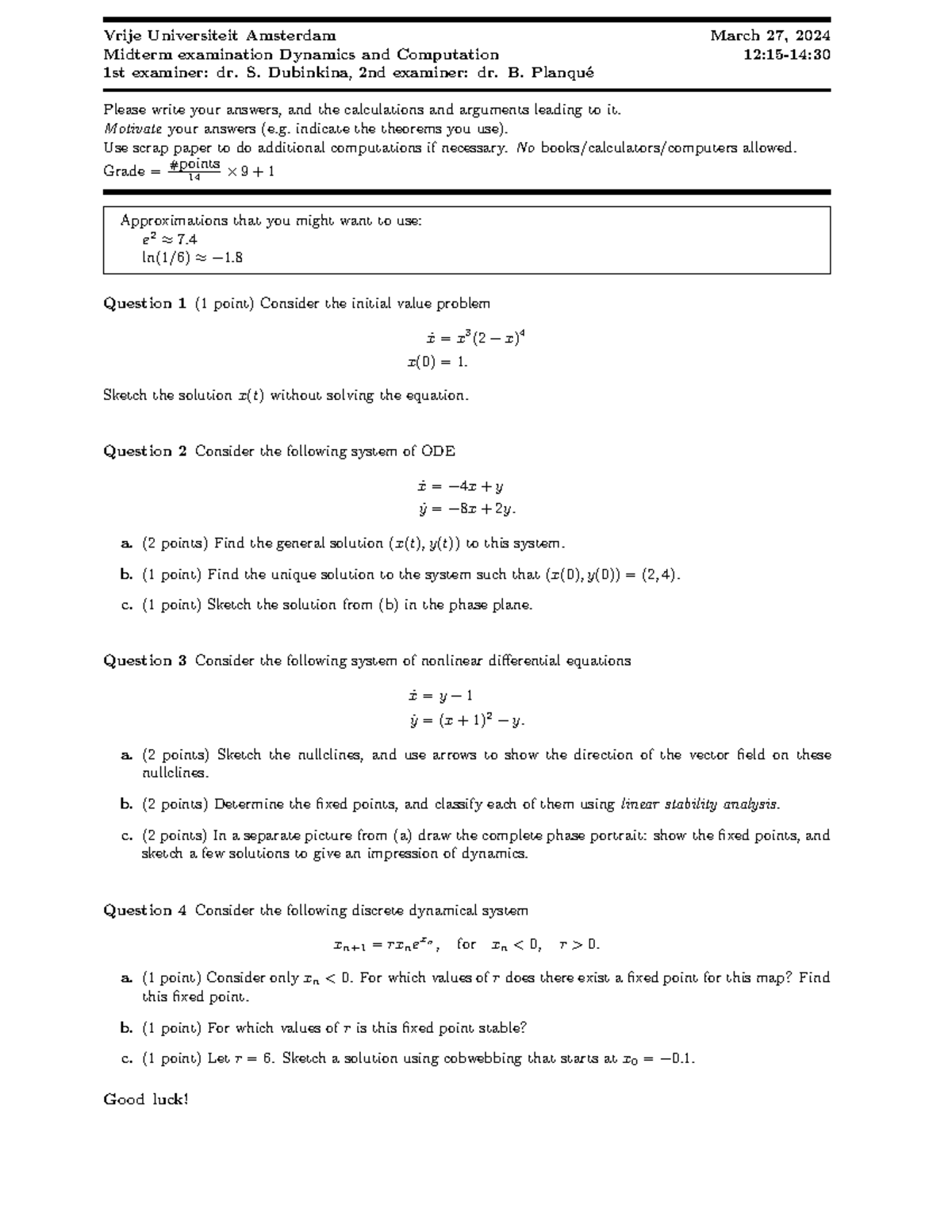 Midterm 2024 - Dynamics and Computation Exam Overview and Questions ...