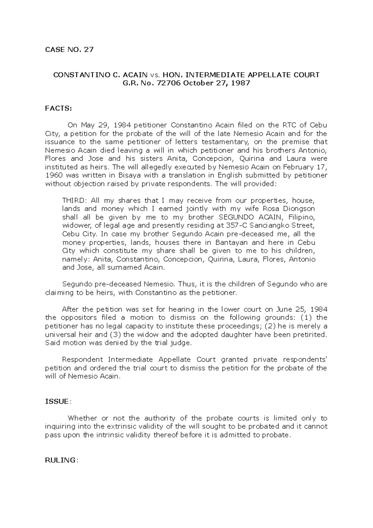 CASE NO. 27: Acain vs. IAC - Probate Will Dispute Analysis - Studocu